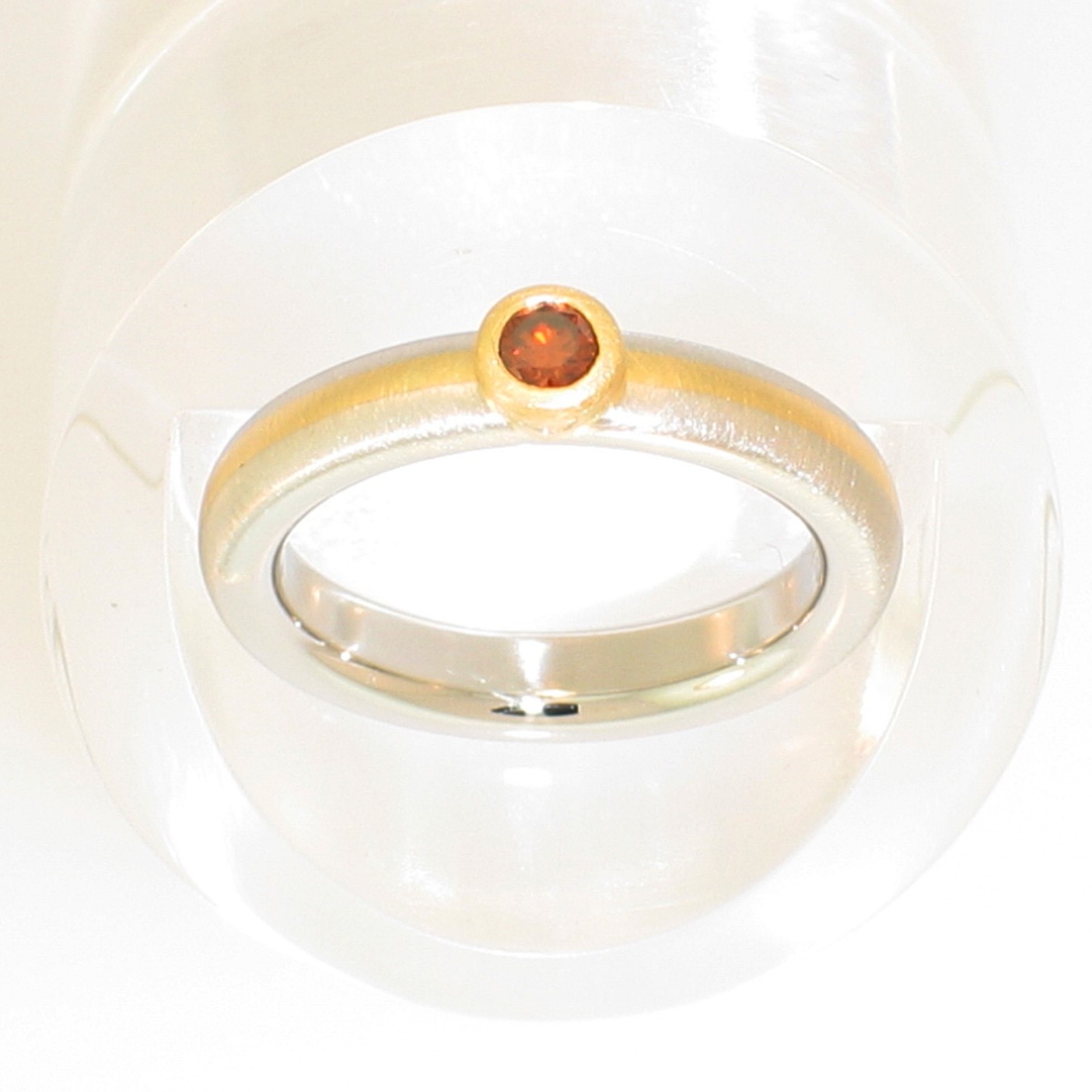 Platinum and 18 Karat Yellow Gold 2-tone matte-finished heavy band with natural-colored round orange diamond in 18 Karat Yellow Gold full bezel setting