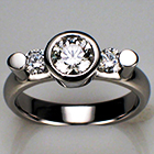 Platinum diamond ring with side stones set between round bars and bezel wall.