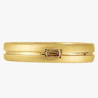 14k yellow brushed band with centered lathe line and flush-set golden yellow colored diamond baguette
