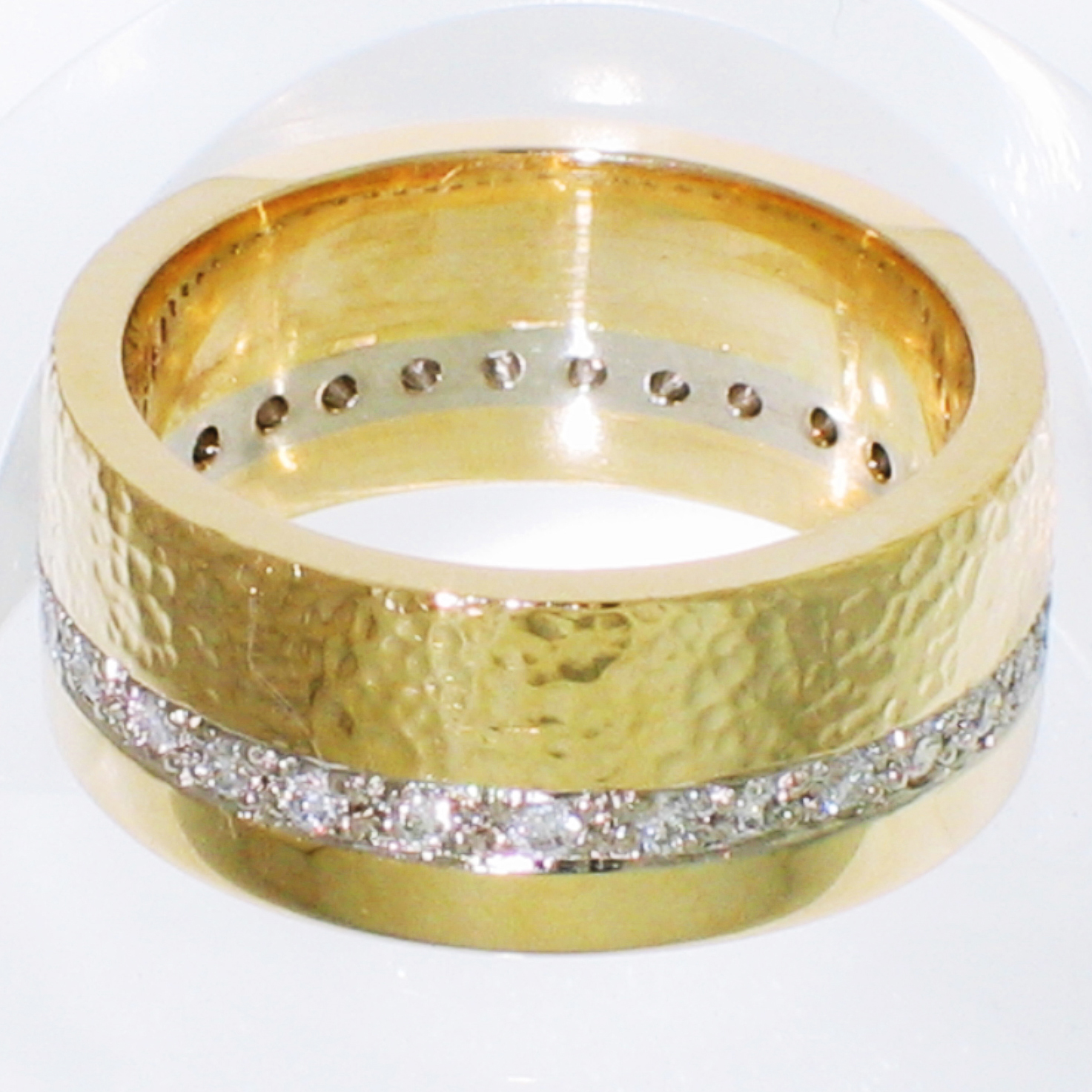 14 Karat Yellow and White Gold 2-tone band with bead-set white diamonds and hammered and high-polished finishes
